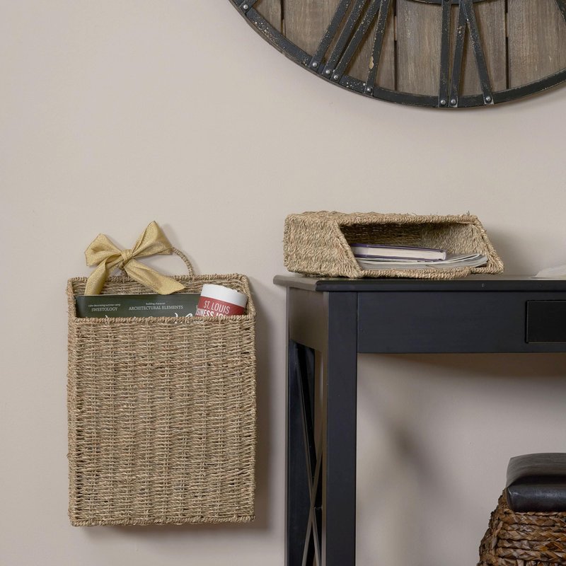 Rectangular Wicker Hanging Baskets, Set of 2, Small and Large, Handwoven Seagrass, Durable Metal Wire Frame, Multipurpose and Contemporary, Perfect for Organizing Newspapers, Mail and More, Natural