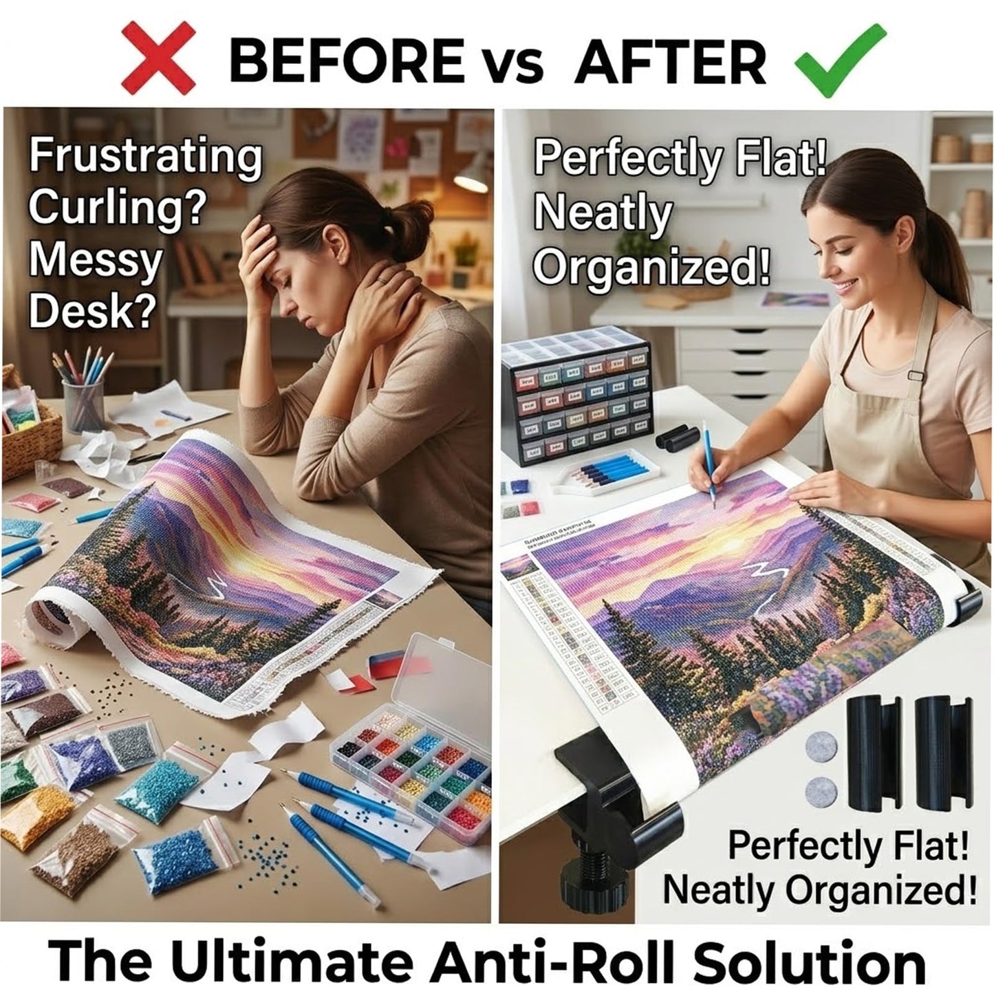 Diamond Painting Canvas Roll Holder & Adjustable Table Clamp Bundle, Diamond Art Accessories and Tools with Anti-Scratch Pads, Anti-Roll Canvas Straightener Fits 2.64" Desks