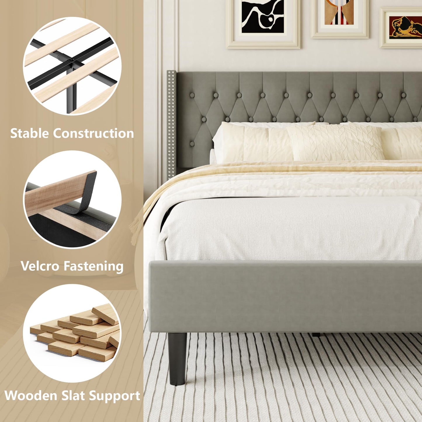 HAOARA King Size Bed Frame, Upholstered Platform Bed with Wingback Headboard, Velvet Button Tufted, Easy Assembly, No Box Spring Needed, Green