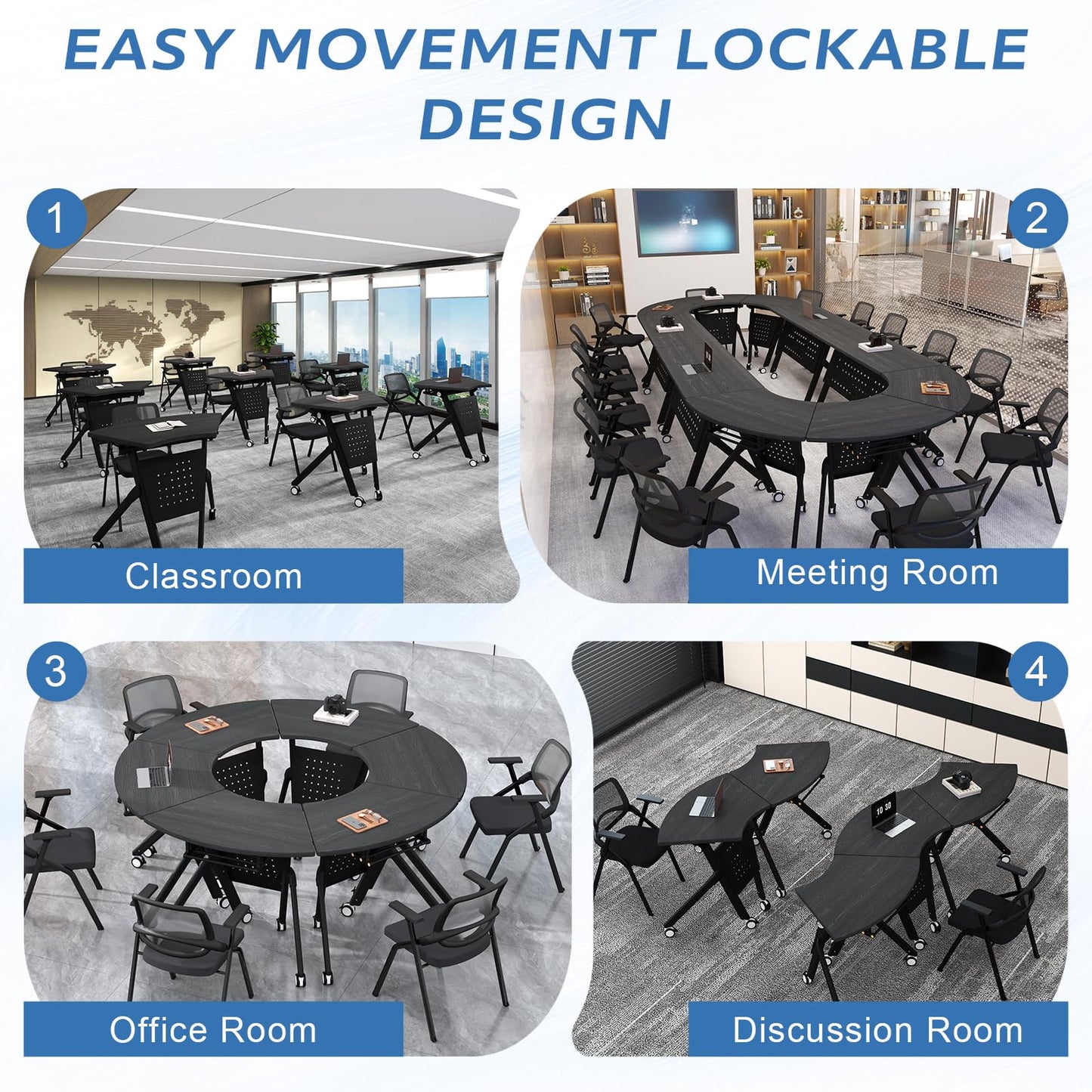 JFazzruit Folding Conference Table,Fan-Shaped Conference Room Tables with Wheels, Mobile Modular Seminar Meeting Desk for Classrooms,Office & Seminar (2, Fan-Black)