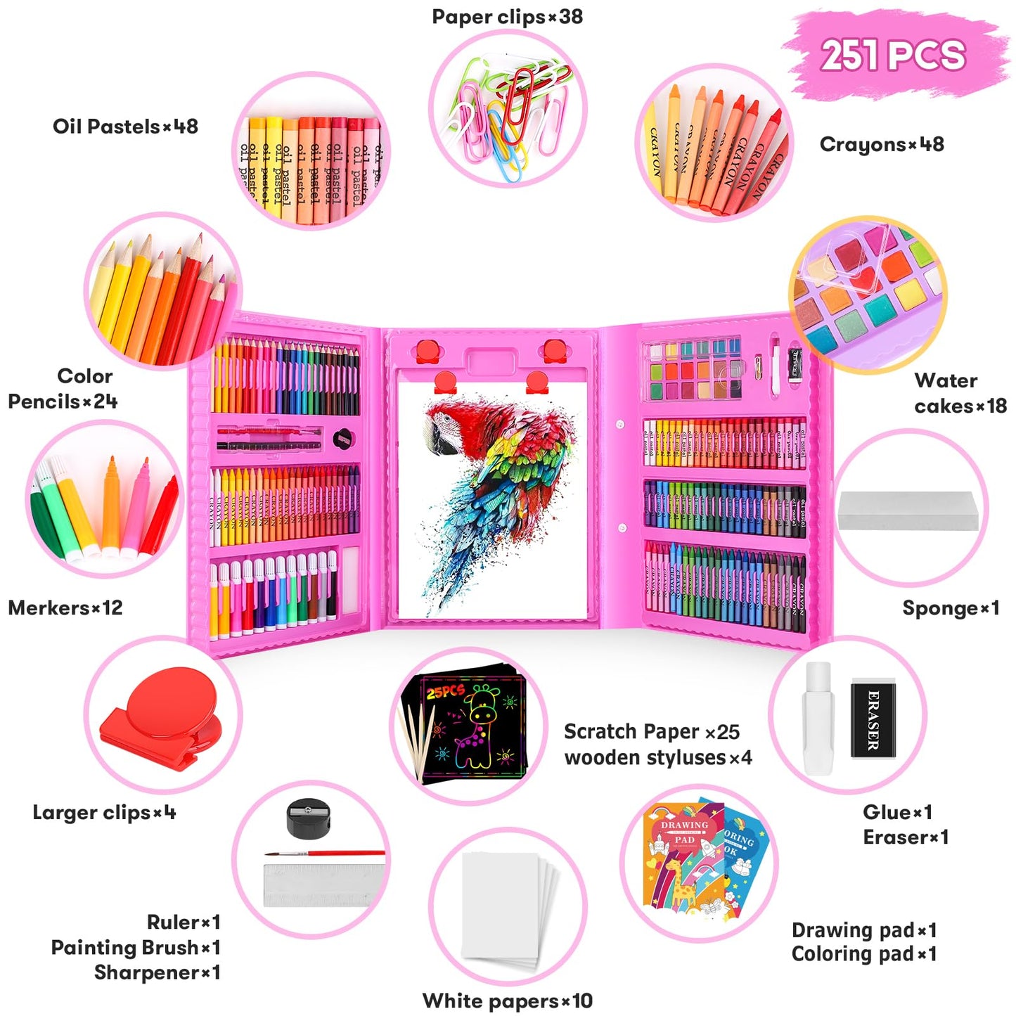 iBayam 251-Pack Art Supplies, Drawing Arts Kits for Kids Teens Adult - Travel Art Set Case with Double Sided Trifold Easel, Drawing Pad, Coloring Book, Scratch Paper, Gifts Idea for Girls Boys Artist