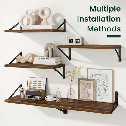 12 Inch 16W 12D Set 2, Floating Shelves, Deep Rustic Wood Wall Storage, x Wall Shelves of Heavy Duty Metal Brackets