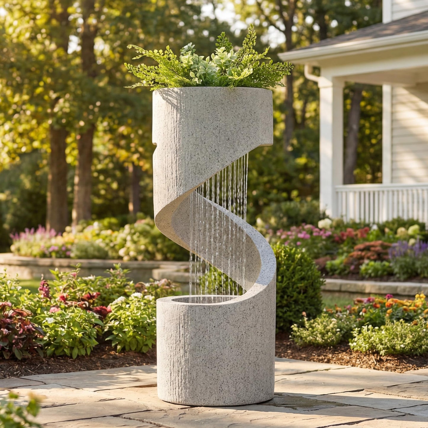 Glitzhome Outdoor Water Fountain with LED Light, Decorative Tiered Curved Waterfall Fountain with Stone Planter, Faux Terrazzo Spiral Shaped Outdoor Fountains for Garden Deck Patio Porch, 31.25”H