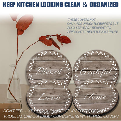 Stylish Burner Covers Set of 4 for Range Accessories, Gratitudes Wood Board Metal Stove Burner Cover for Expanding Counter Space Stovetop Decor, Burner Covers for Electric Stove