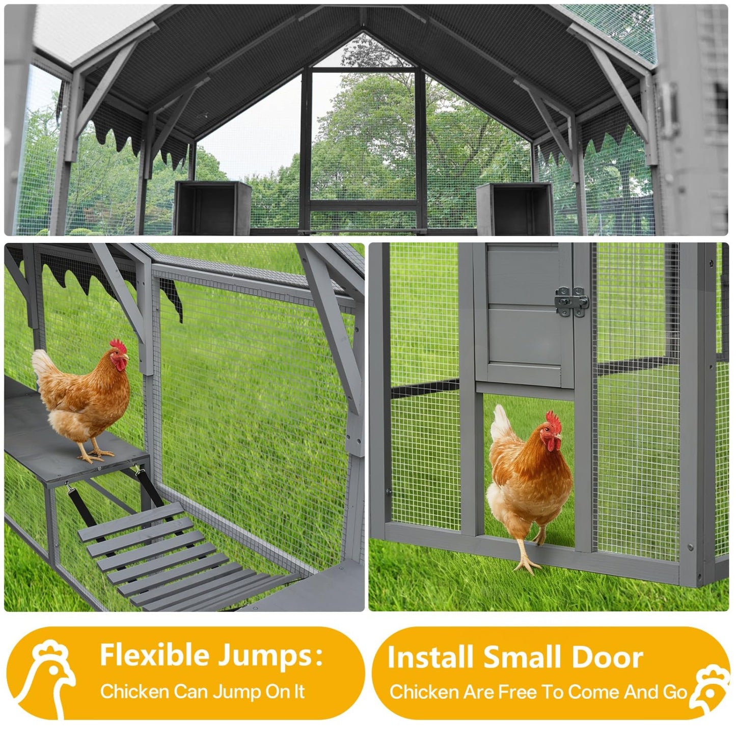KEIKI 110"L Outdoor Large Chicken Coop with Waterproof Cover, Roosting Platform, Wire Mesh & 2 Lift Small Doors with Locks, Wood Chicken Coop House with Run for Cat Kitten Playpen, Duck, Rabbit, Quail