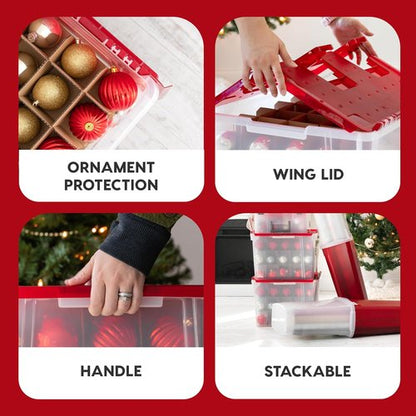 IRIS USA Ornament Storage Box - Stackable 2-Pack for 75 Ornaments | Durable Clear/Red Holiday Organizer
