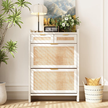 Shoe Organizer Cabinet Storage for Entryway - Slim Rattan Shoe Rack for Front Door Entrance, Narrow Hidden Shoe Cabinet with Flip Drawers, Boho Shoe Holder Cabinet，Two Doors, White, Set of 2