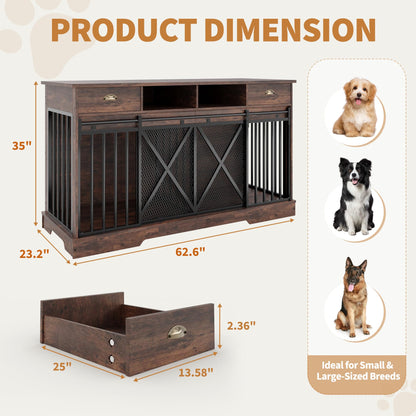 Garvee Double Dog Crate Furniture, 63” Large Dog Kennel Furniture with Divider and Sliding Doors, Heavy Duty Dog Kennel Furniture with Drawers and Shelves for Living Room, Retro Brown