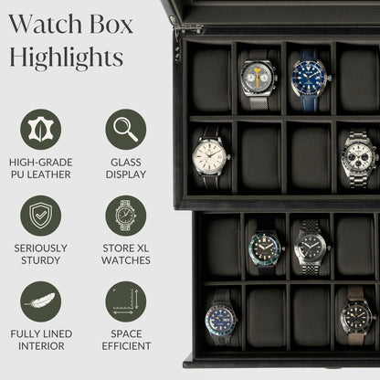 TAWBURY Watch Box for Men - Extra Large 24 Slot Watch Case with Real Glass Display, Removable Drawer and 2-inch Wide Pillows for Large Watches (Black/Charcoal)