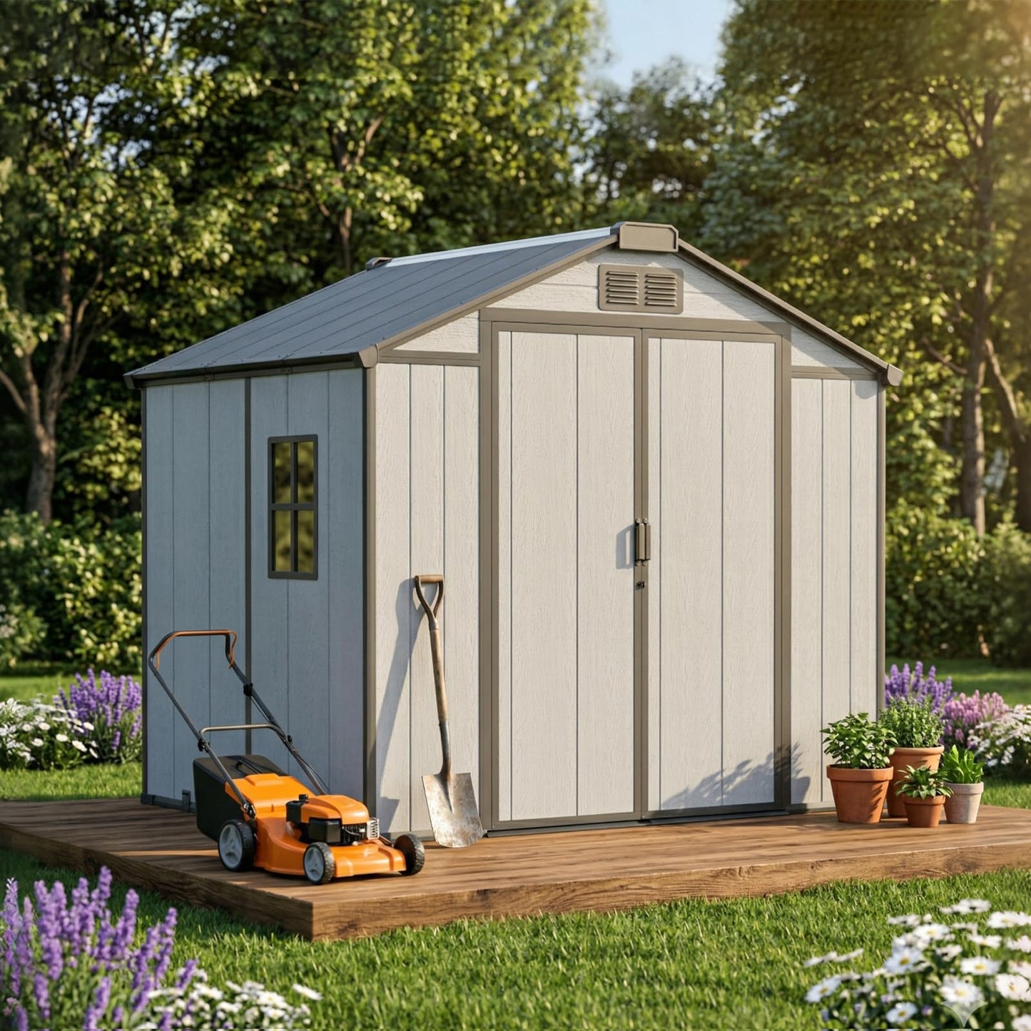 8x6 FT Resin Storage Shed with Floor Windows Lockable Double Door Vents, Easy Assembly All Weather Waterproof Durable Plastic Outdoor Sheds for Backyard Garden Storage Tools Lawnmover, Gray