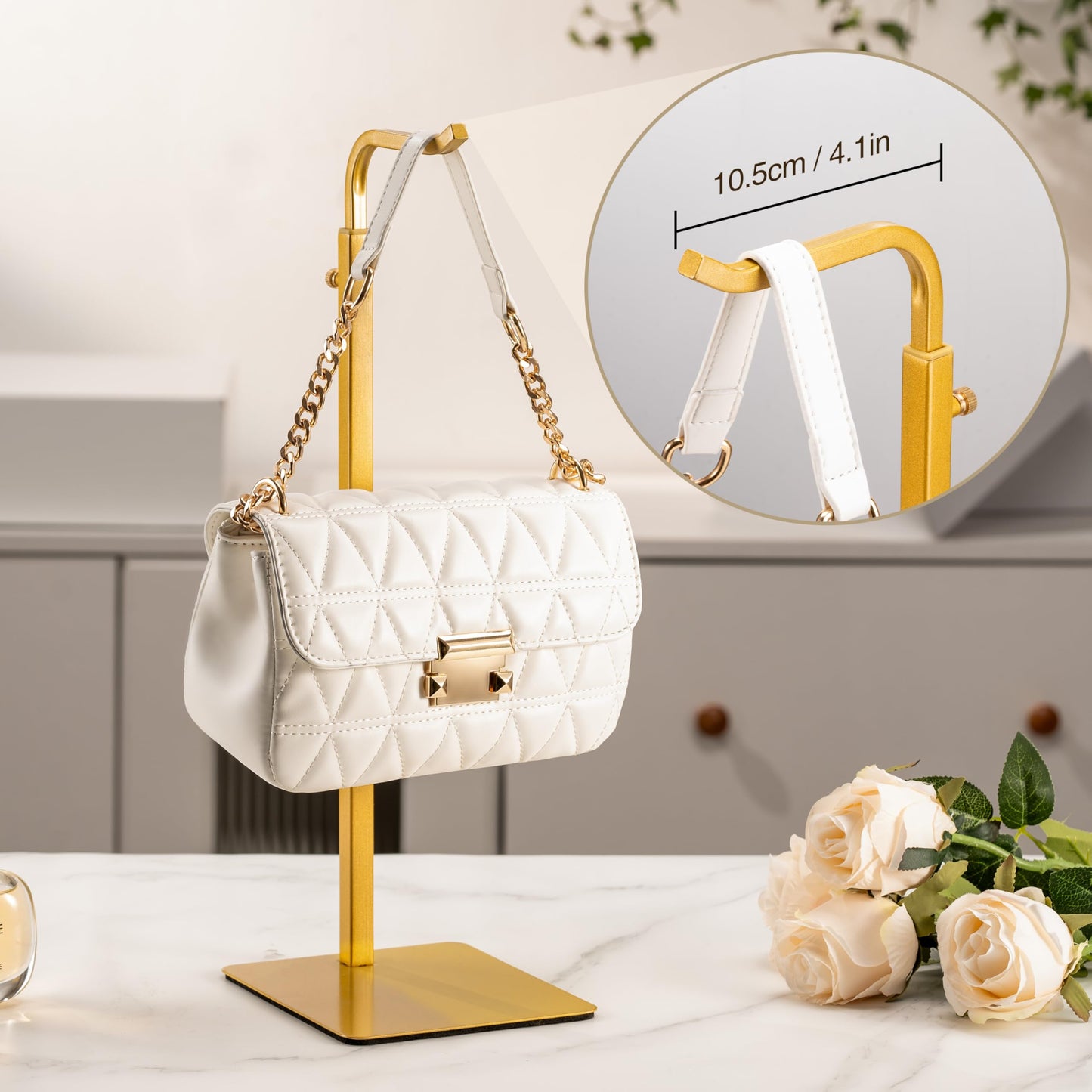 Josmimic 3 Pack Purse Holder Handbag Display Stand: Gold Hanger Rack for Bags, Purses, and Wreath, Adjustable Hook Stand for Tabletop, Closet, and Retail Use for Vendors