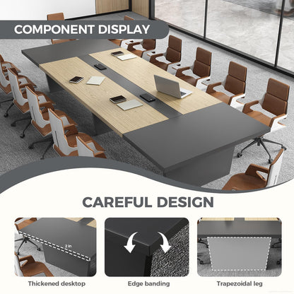 Nuipesn 138 Inch Rectangular Conference Table for 12-14 People, Built-in Power Outlets and USB Charging Ports, Cable Management, 2 Inch Thick Top, 500 lb Capacity, Oak and Grey