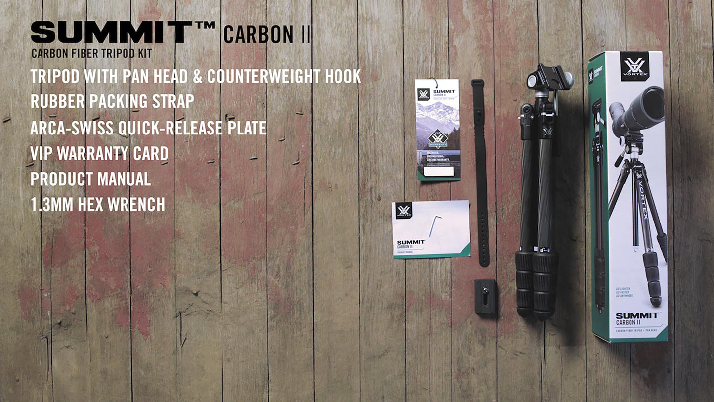 Vortex Optics Summit Carbon II Tripod Kit - Light Weight Design, Carbon Fiber Tripod, 2-Way Pan Head, 22 lb Max Load, Rubber Feet - Unlimited, Unconditional Warranty