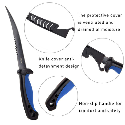 YLINSHA Fishing Knife, Fish Cleaning Kit 7 PC Set with Fish Knife, Fish Scale Cleaning Brush, Multi-Functional Scissors, Anti-Cutting Gloves, Fishbone Tweezers, Storage Bag