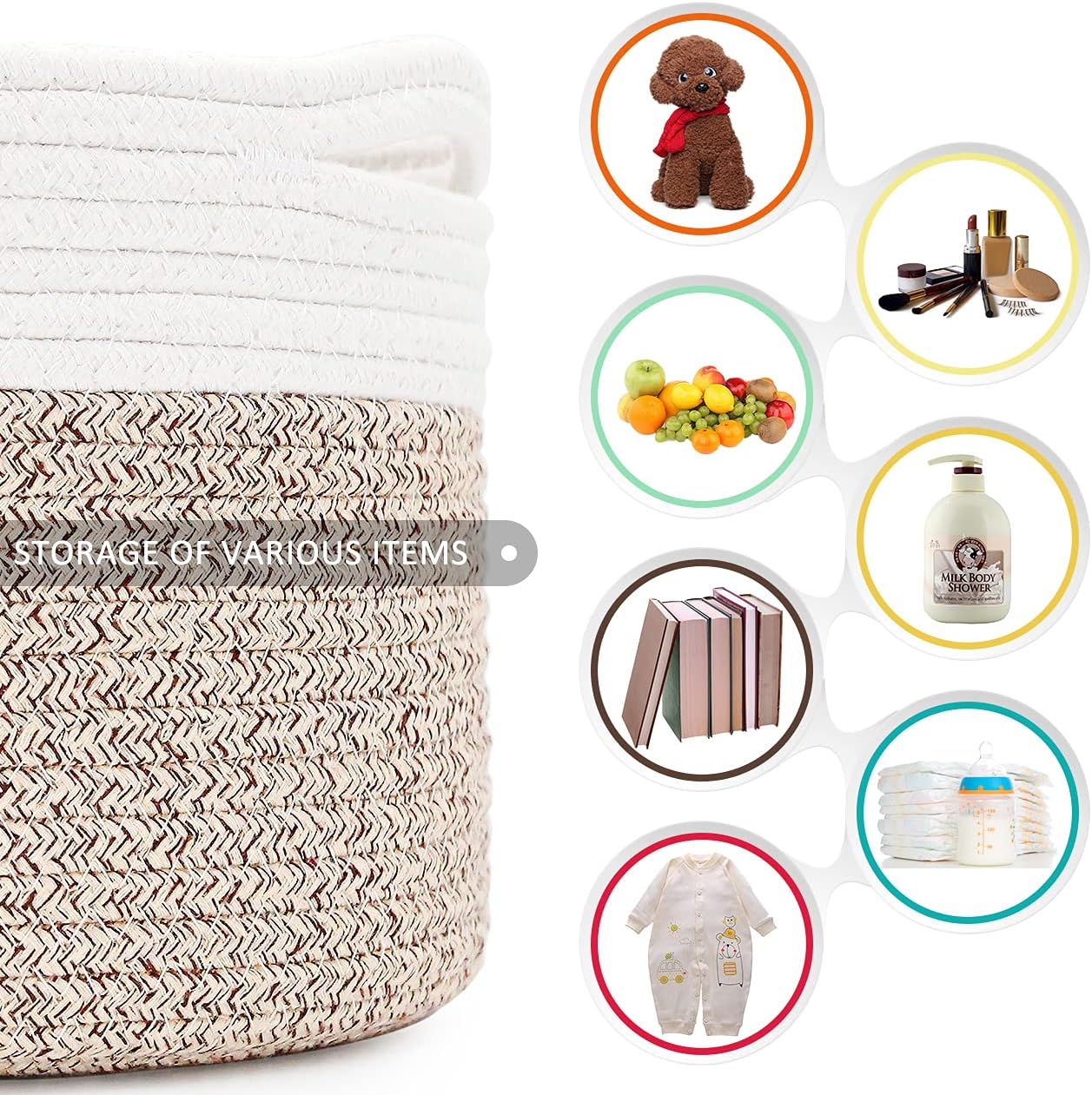 Laundry Hamper, Pure Cotton Rope Woven Basket for Dirty Clothes, 15.5 * 13.5 inches-40L White & Brown Mixed