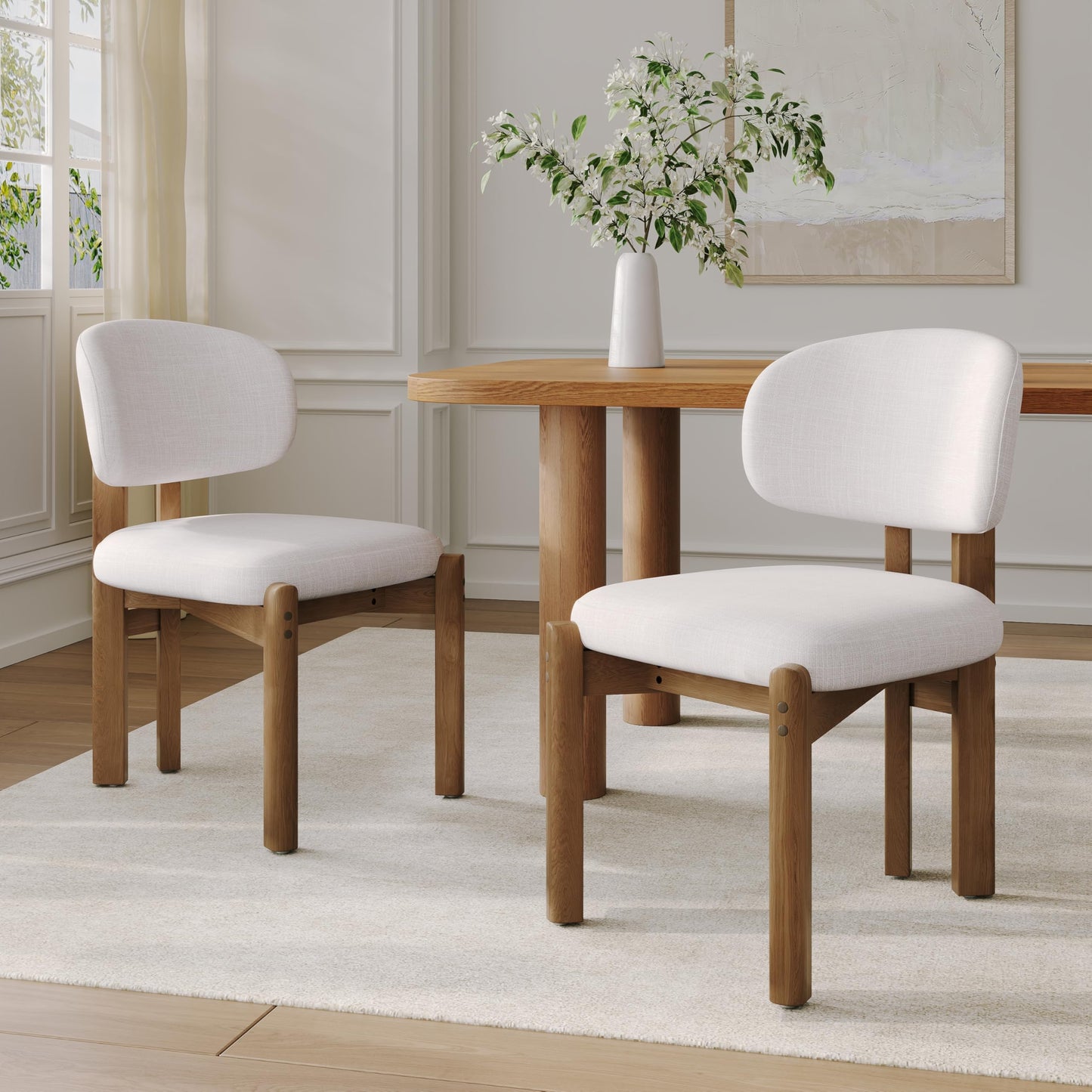 Merax Mid-Century Dining Chairs Set of 2, Beige Upholstered Kitchen Chairs with Walnut Finished Wood Frame, Modern Comfortable Side Chairs for Dining Room