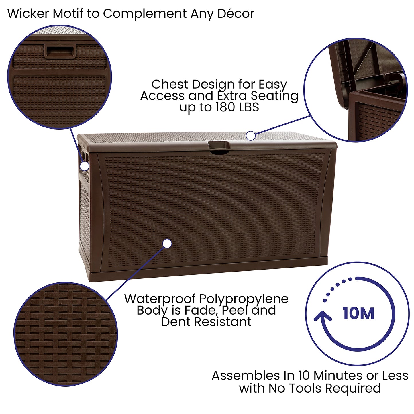 Flash Furniture 120 Gallon Plastic Deck Box - All-Weather Patio Storage and Organization for Throw Pillows, Pool Toys or Garden Tools
