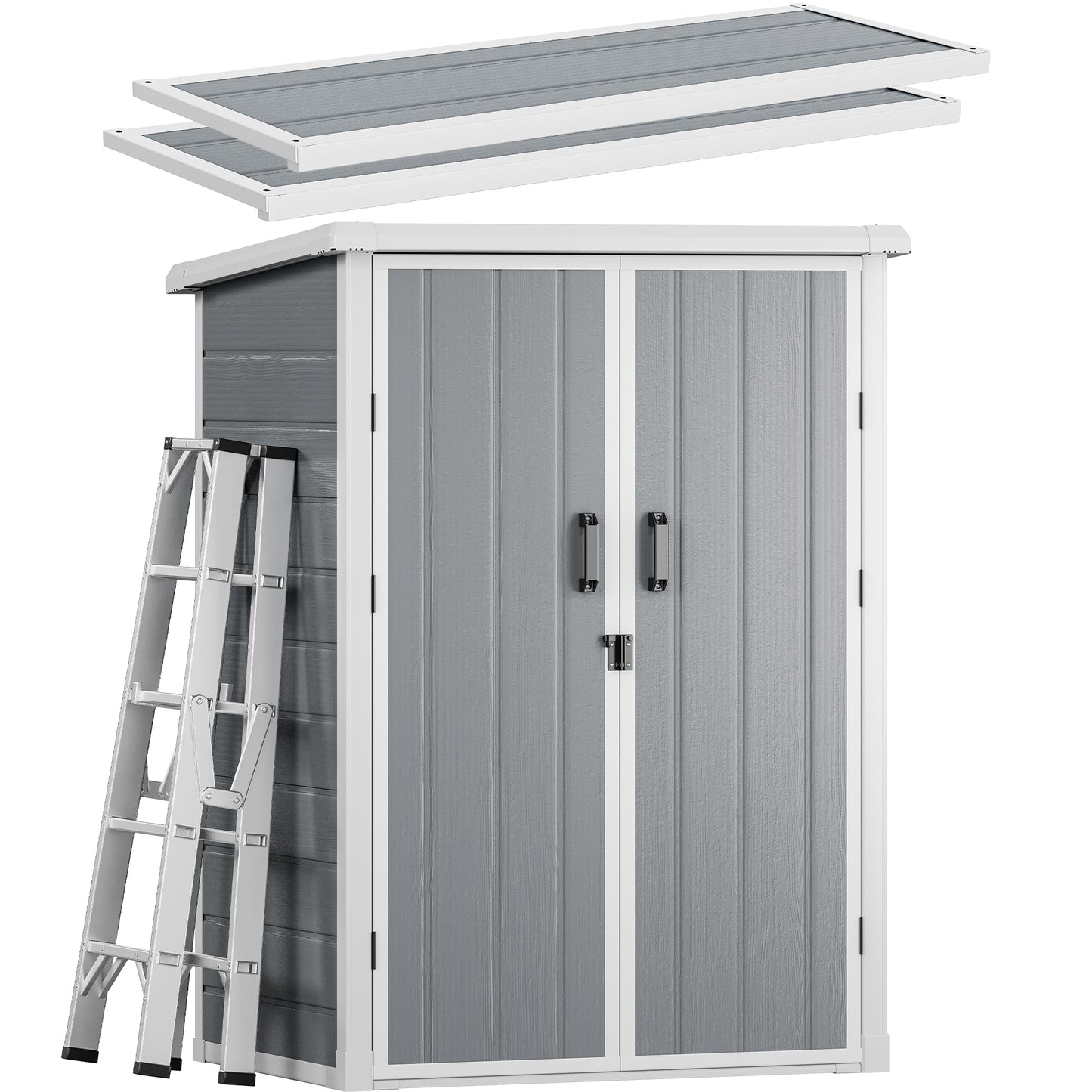 DWVO Outdoor Tall Storage Shed 60 Cuft with 2 Shelves, 5X3FT Vertical Tool Shed with Floor & Lockable Doors, Sturdy Double-Wall Plastic Cabinet for Garbage Cans and Garden Storage