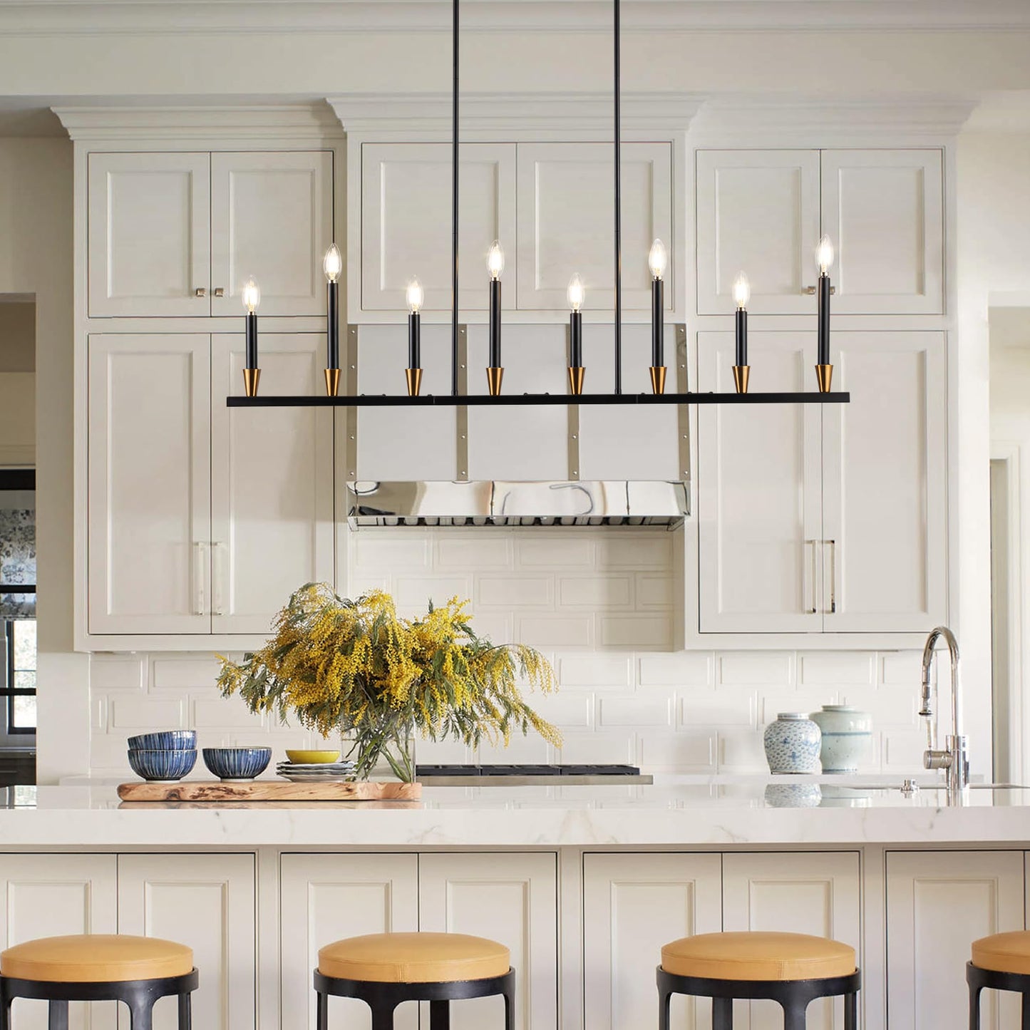 Knwjmv Black Linear Chandelier Candle Dining Room Light Fixture Long 46 Inch Island Chandeliers Black and Gold Linear Pendant Lighting Over Dining Table Kitchen Island
