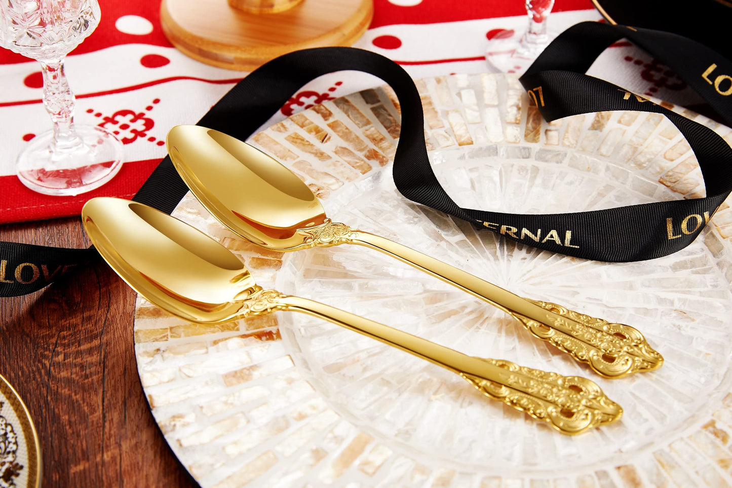 KEAWELL 2-Piece Gorgeous Large Serving Spoon, 18/10 Stainless Steel, Fine Large Serving Spoon, Sturdy Tablespoon, Dishwasher Safe, 9.4" (Gold)