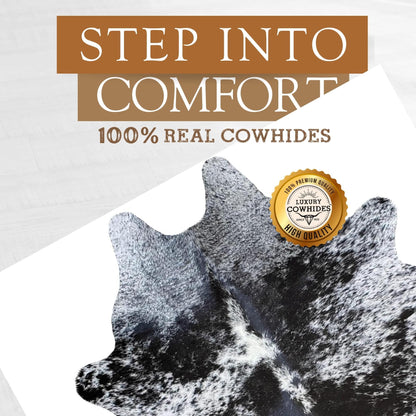 Sunshine Cowhides 100% Genuine Salt and Pepper Black and White Longhorn Cowhide Rug - Modern Style Animal Skin Rug & Floor Carpet for Living Room, Bedroom, Kitchen & More - Large (6x6-7ft)