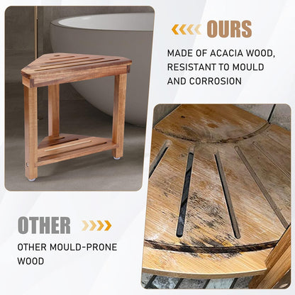 14in, Boulphia Shower Foot Rest Acacia Wood Shower Stool for Shaving Legs, Waterproof Corner Shower Stool with Storage