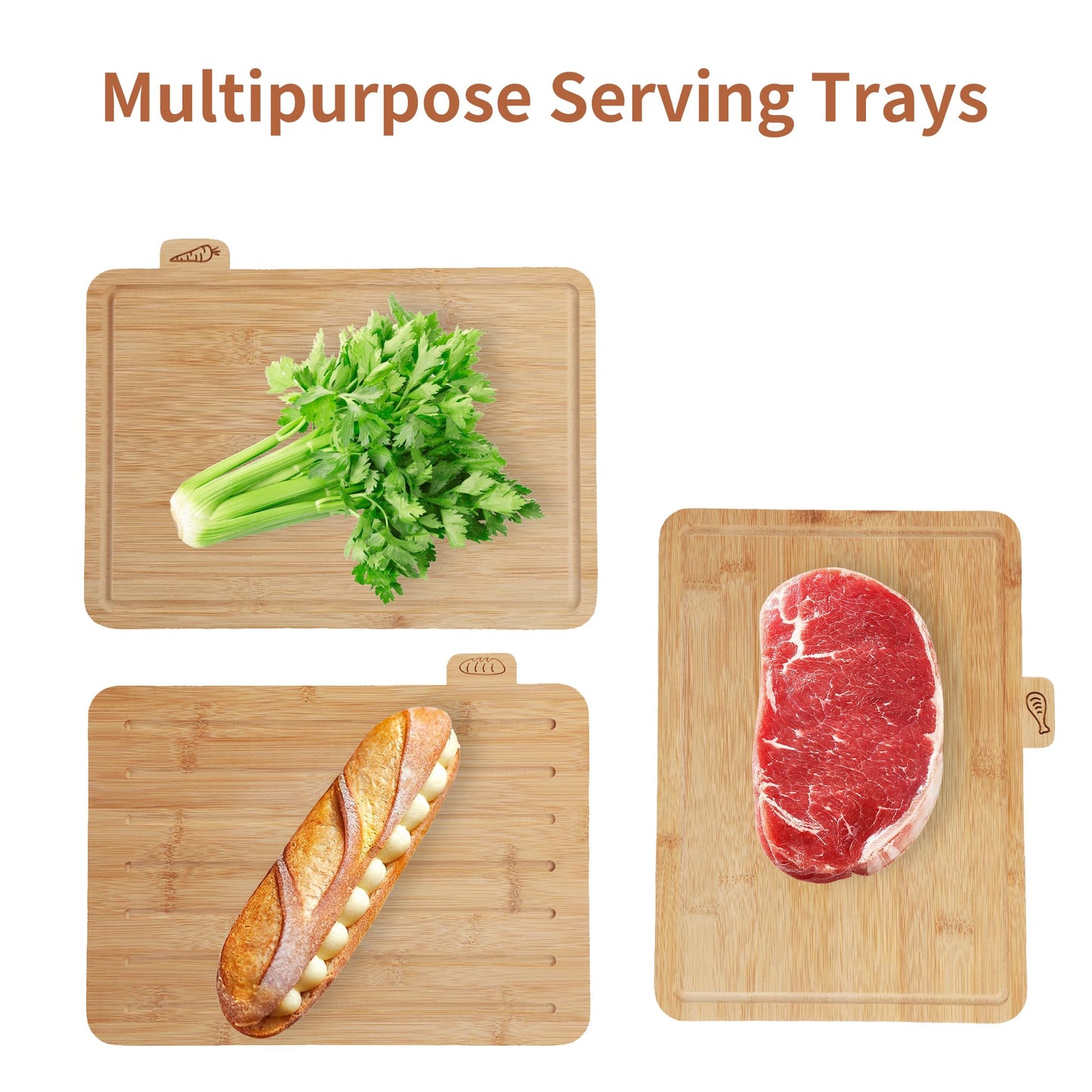 Fiery Chef 14.56"L x 11"W Bamboo Cutting Board Set of 4 - Wood Cutting Board Set with Holder, Chopping Boards Set with Food Icons, Juice Groove - Ideal for Meat, Fish, Bread, Vegetable, Fruit Chopping
