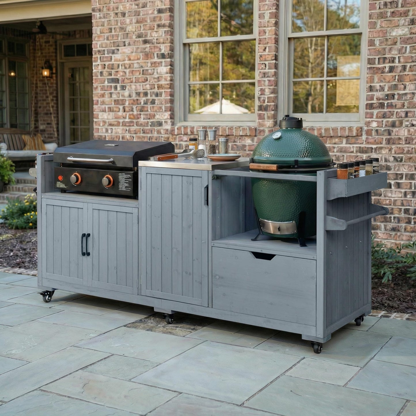 Merax 80.5" Outdoor Kitchen Island for Big Green Egg& Blackstone Griddle,Solid Wood Grill Cart Table with Stainless Steel Top,Drawer for Large Big Green Egg and 21"/28" Blackstone Griddle,Grey Blue