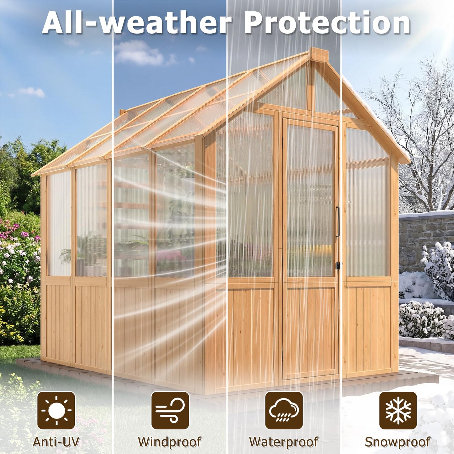 EROMMY 6x8 FT Wooden Greenhouse for Outdoors, Walk-in Greenhouse Kit with 4mm Polycarbonate Panels, Adjustable Roof Vent, Lockable Door, Outdoor Greenhouse for Backyard Garden