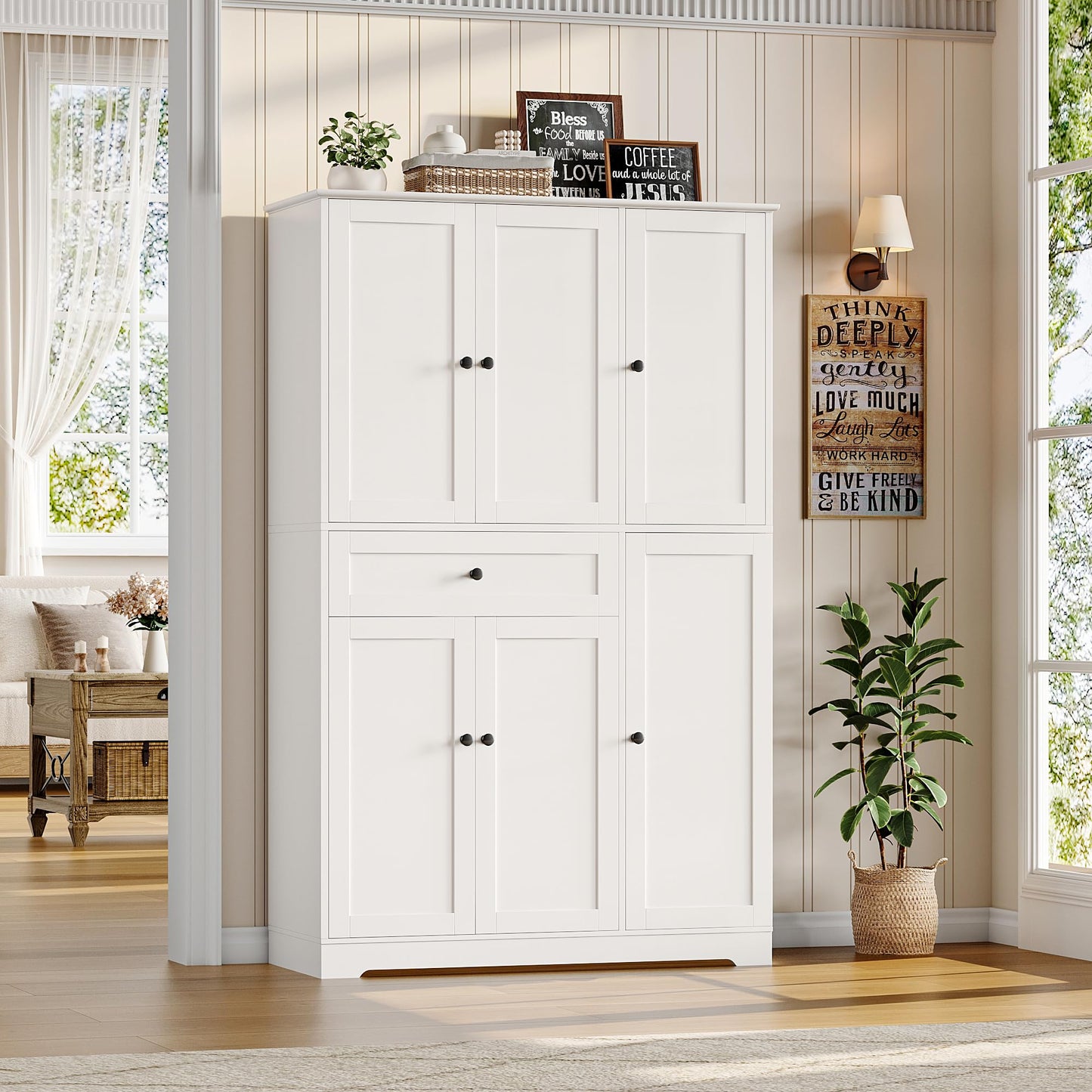 HOSTACK 68" Tall Kitchen Pantry Storage Cabinet, Modern Kitchen Hutch Cabinet with Doors and Shelves, Freestanding Food Pantry with Large Storage Drawer for Dining Room, Living Room, White
