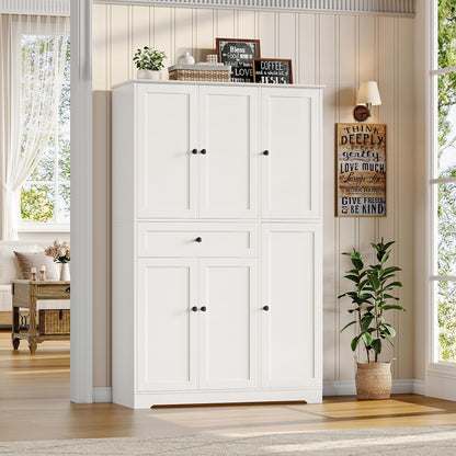 HOSTACK 68" Tall Kitchen Pantry Storage Cabinet, Modern Kitchen Hutch Cabinet with Doors and Shelves, Freestanding Food Pantry with Large Storage Drawer for Dining Room, Living Room, White