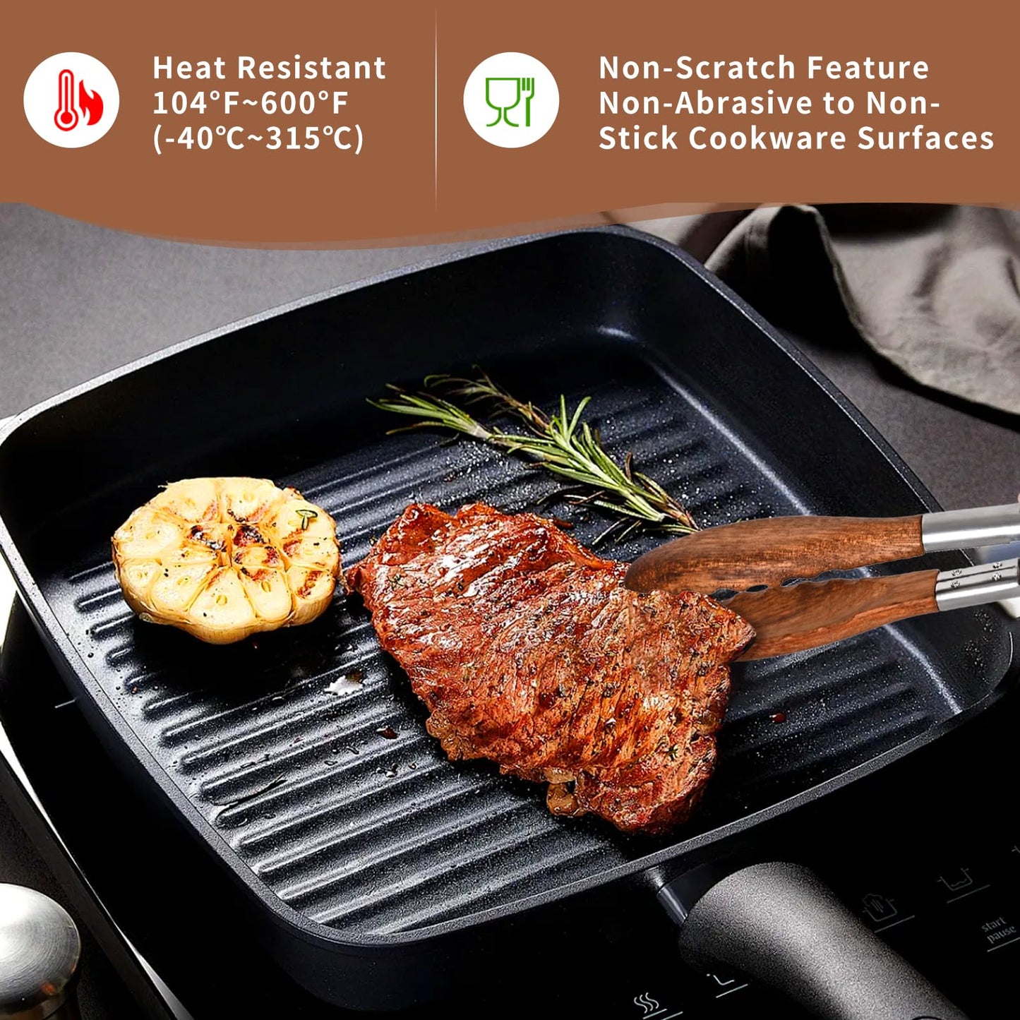 Wooden Tongs for Cooking Set of 3 (7",9",12") Natural Walnut Wooden kitchen Tongs for Grilling, Serving, BBQ and Tossing Salad etc | Ergonomic Stainless Steel Non-Slip Grip, Heat Resistant, Pull Lock