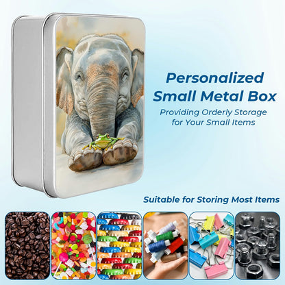 JNFBWULO Small Metal Tin Box with Lid, Rectangular Silver Metal Storage Container, 4.92"×3.54"×1.57" Gift Decorative Empty Box, Elephant Frog