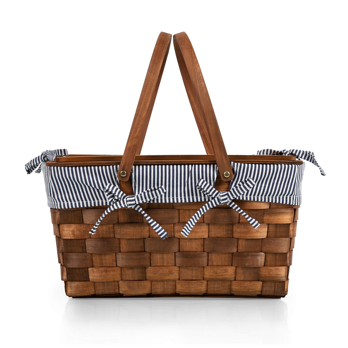 PICNIC TIME Kansas Handwoven Wood Picnic Basket, Sturdy Woven Wicker Basket with Tabletop Lid and Removable and Washable Polycotton Vintage-Style Liner, (Navy Blue & White Stripe)