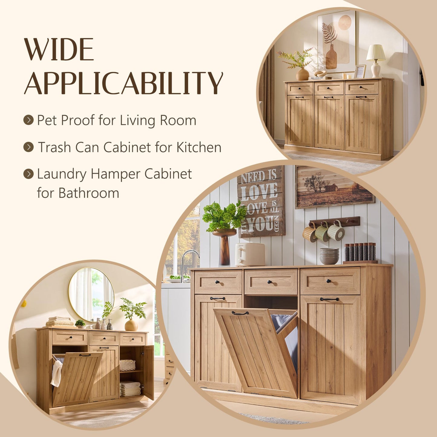 IFGET Triple Tilt Out Trash Can Cabinet, 20 Gallon Farmhouse Laundry Hamper Cabinet w/3 Drawers & Adjustable Shelf, Hidden Wooden Trash Can Cabinets with Storage Basket for Kitchen (Natural)