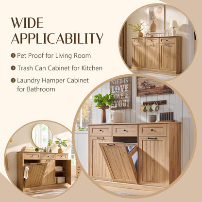 IFGET Triple Tilt Out Trash Can Cabinet, 20 Gallon Farmhouse Laundry Hamper Cabinet w/3 Drawers & Adjustable Shelf, Hidden Wooden Trash Can Cabinets with Storage Basket for Kitchen (Natural)