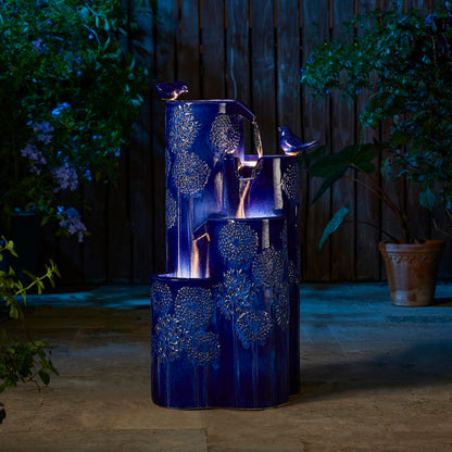 Glitzhome 32" H Outdoor Water Fountain with LED Lights and Pump, 4 Tier Ceramic Cobalt Blue Dandelion Texture Outdoor Fountains and Waterfalls with Cute Birds, for Porch Deck Garden Patio Backyard