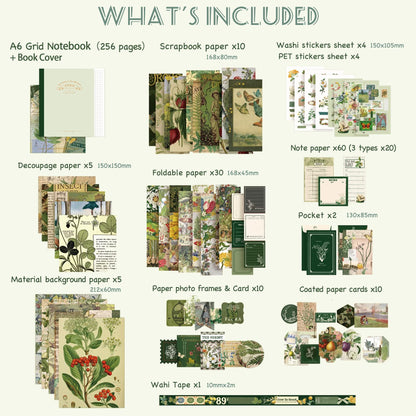 Scrapbooking Supplies Kit, Botanical Aesthetic Vintage Scrapbook Kit for Bullet Junk Journal A6 Grid Notebook Stationary Journaling Supplies Flower DIY Craft Birthday Gifts for Women Kid Teen Girl