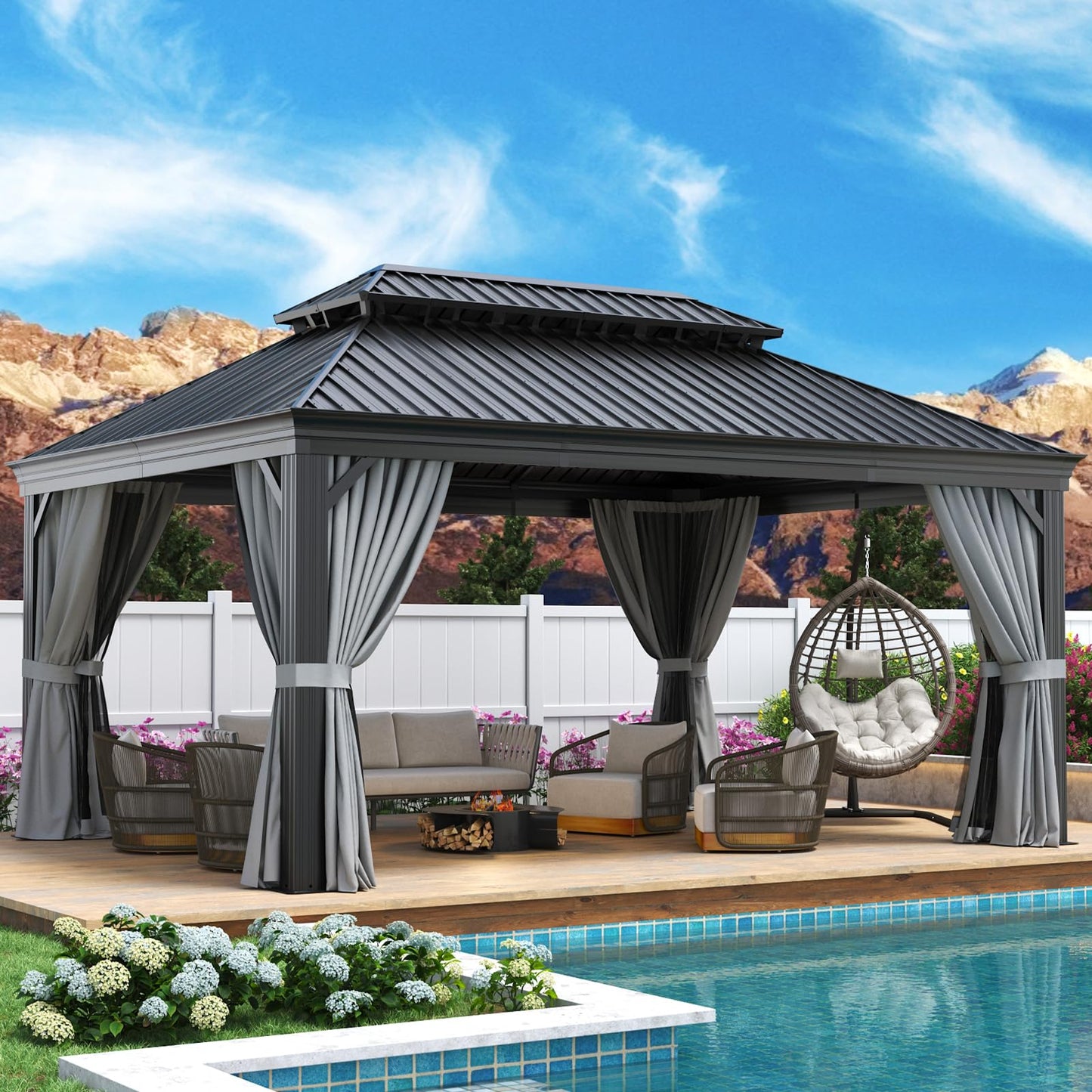 Aoxun 12' X 16' Hardtop Gazebo with Drainage System, Aluminum Outdoor Gazebo with Galvanized Steel Double Roof, Patio Permanent Metal Pavilion with Netting, for Garden, Deckyard, Grey