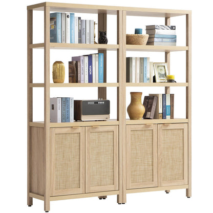 SICOTAS Bookshelf 5 Tier Book Shelf Rattan Boho 71" Tall Bookcase with Doors Storage Shelves Large Bookshelves Farmhouse Bookcases Library Book Case for Living Room Bedroom Home Office Kitchen