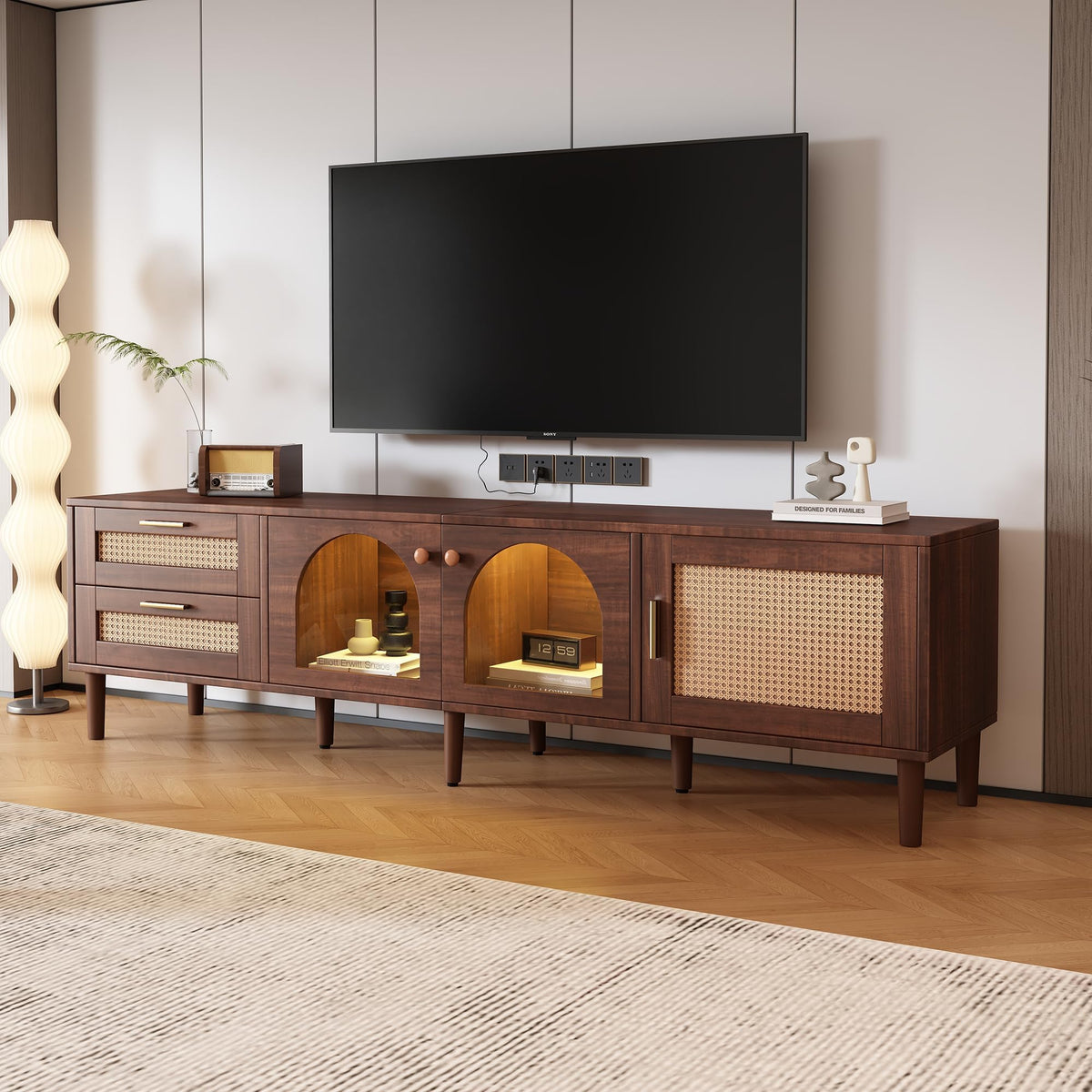 Ball & Cast Rattan TV Stand for TVs up to 80",Modern Entertainment Center with LED Light and 2 Drawers & 3 Doors,TV Media Console w/Storage Cabinets and Solid Wood Legs for Living Room,Dark Brown