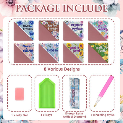 INCOK Christian Diamond Painting Bookmarks - 8 Pcs Bible Verse Triangle Diamond Art Corner Bookmarks Kits Inspirational Flower Religious DIY Bookmarks for Reading Lover Beginner Adults Crafts Kit Gift