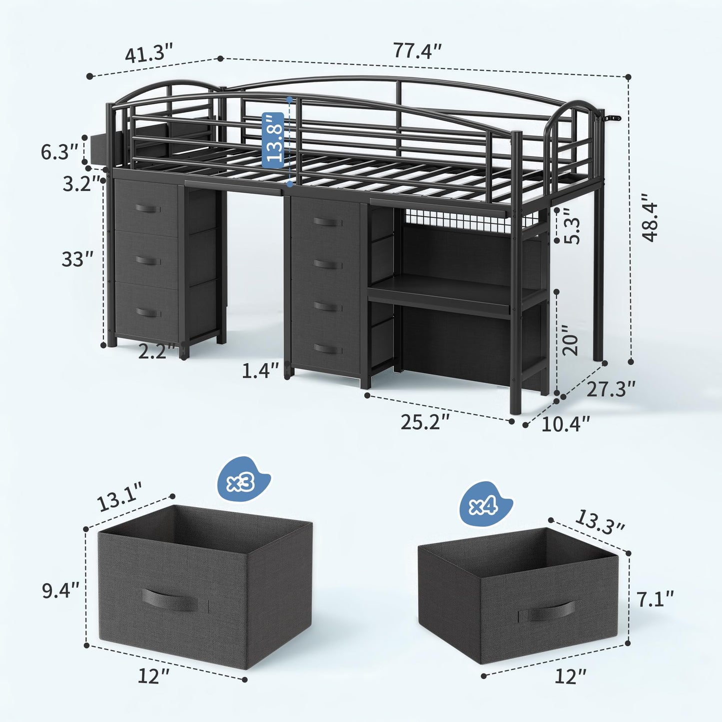Low Loft Bed Twin Size with 7 Storage Drawers, Desk and LED Lights, Heavy Duty Metal Kids Loft Bed with 13.8" H Safety Guardrail, Anti-Collision Pad, Private Play Curtain, Under-Bed Play Space - Black