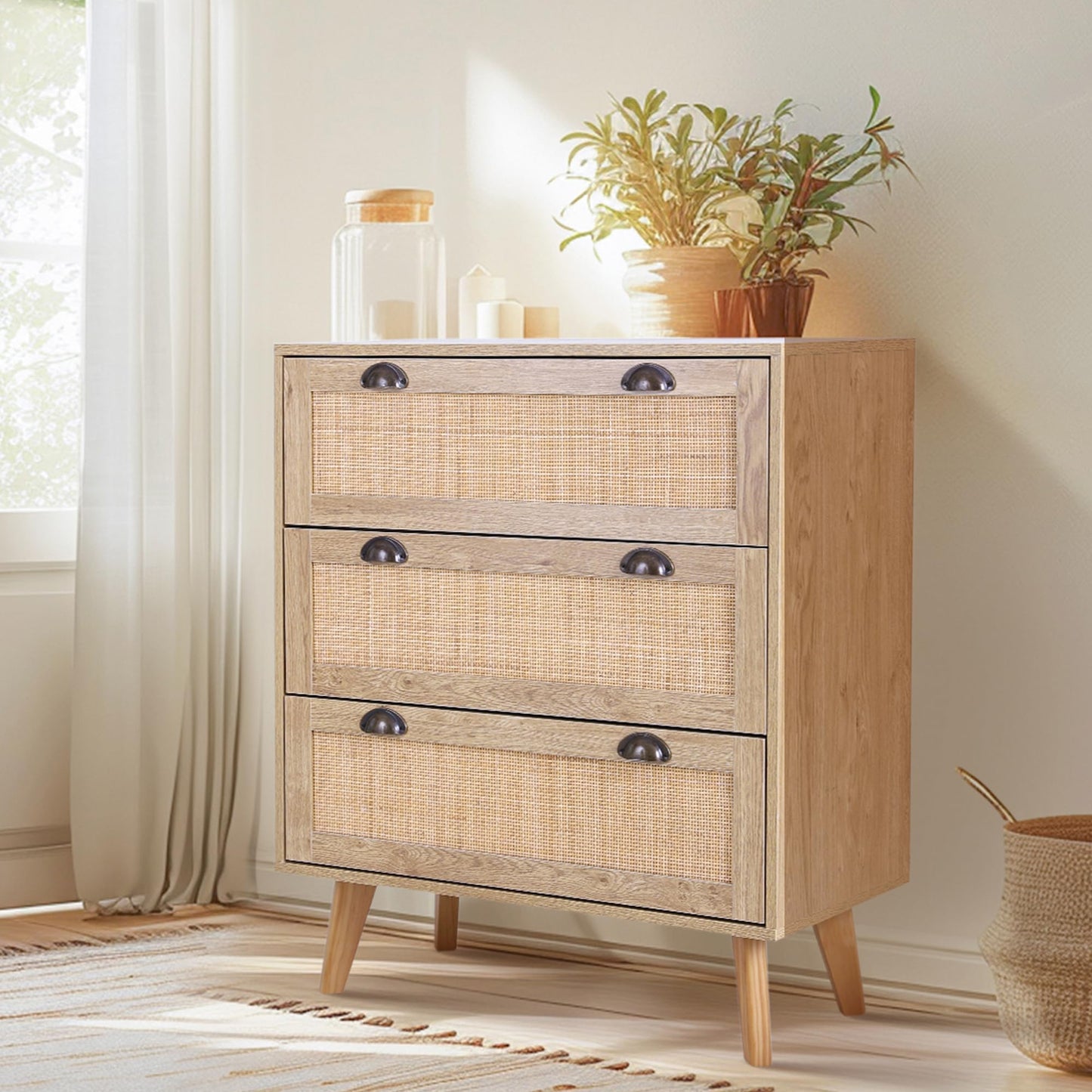 PHI VILLA Rattan Cabinet Set of 2, Boho Entryway 3 Drawer Rattan Storage Cabinet, Small Accent Cabinet