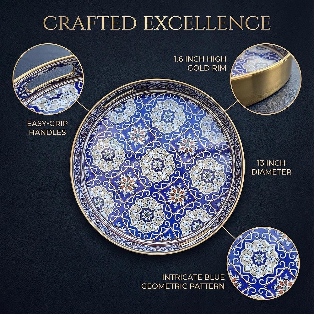 13 INCH Zosenley Round Decorative Tray, Plastic with Handles, Modern Vanity and Serving for Ottoman, Coffee Table