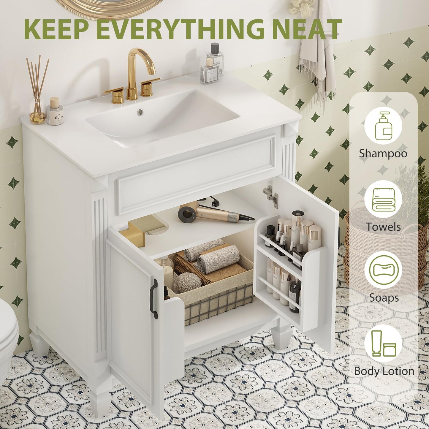 Sweetcrispy 30" Bathroom Vanity with Sink, Bathroom Storage Vanity Sink with 2 Doors, Farmhouse Wooden Free Standing Bathroom Cabinet with Sink, Easy Assembly, NO Mirror Faucet, Ivory White