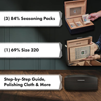 Boveda Bespoke Spanish Cedar Humidor Cigar Box with Macassar Ebony Matte Finish, Custom-Built Holder, Includes 84% Seasoning Packs and 69% Size 320 Humidity Pack, 50 Cigar Capacity