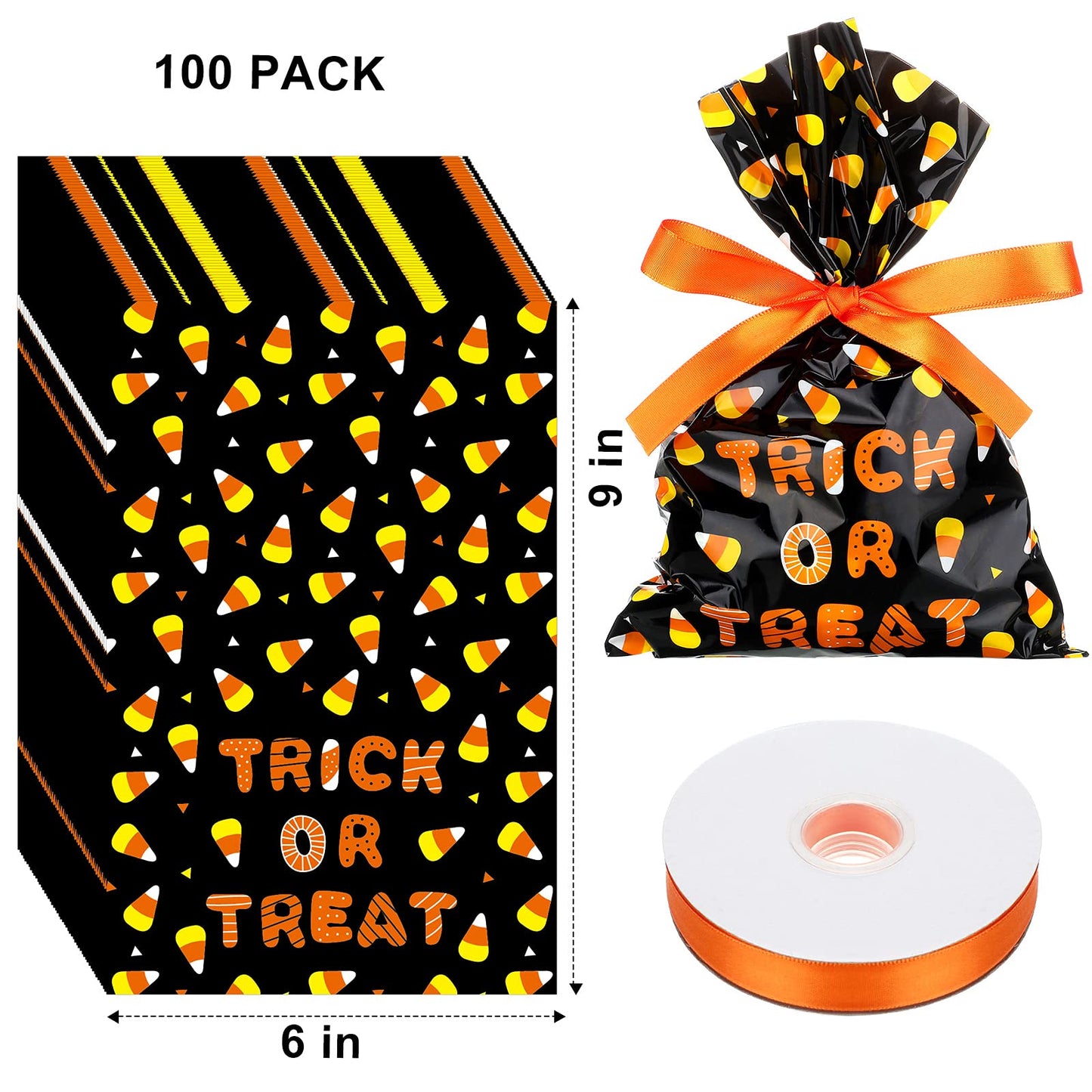 Tenare 100 Pcs Halloween Cellophane Treat Bags Plastic Goodie Candy Bags Corn Wrapped Gift Loot Bags with 22 Yards Ribbon for Treating Class Parties Favor Crafts, 6 x 9 Inch
