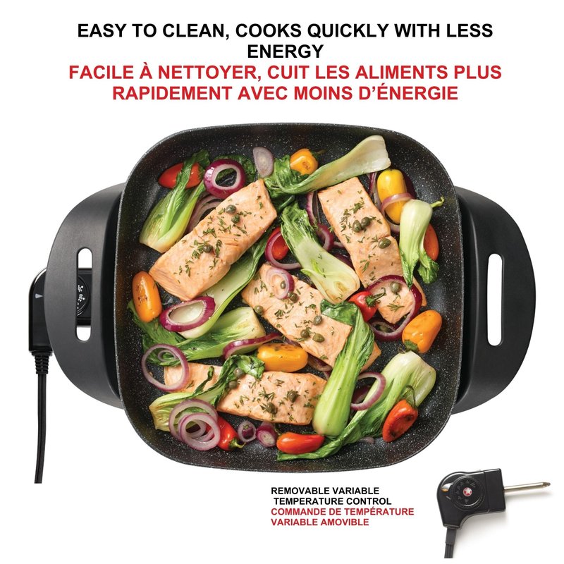 Starfrit The Rock Electric Skillet - 12" x 12" - Rock.Tec Non-Stick Cooking Surface - Tempered Glass Lid - 1200W