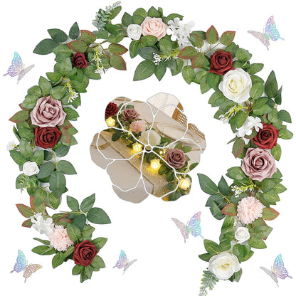 Floraobley 5.5FT Artificial Flower Garland Burgundy Rose & Greenery for Wedding Arch Backdrop Table Centerpiece Mantel Decor, with 3D Butterflies & Decorative Accessories